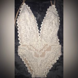 NightCap swimwear, Sierra Lace Lima Swimsuit, Dove. One Piece w/ white Lace